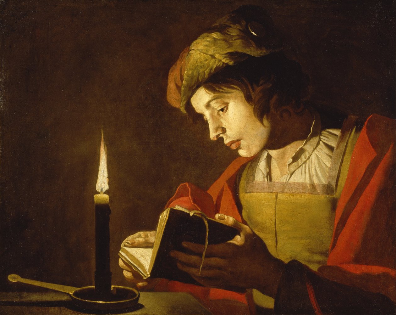 Un jeune homme lisant a la lumiere de la bougie - A Young Man Reading by Candlelight, de Matthias Stom (Stomer) (ca.1600-após 1650). Óleo sobre tela, c.1630. Dimensão : 58,5x73,5 cm. Nationalmuseum Estocolmo de Matthias (c.1600 p.1650) Stomer