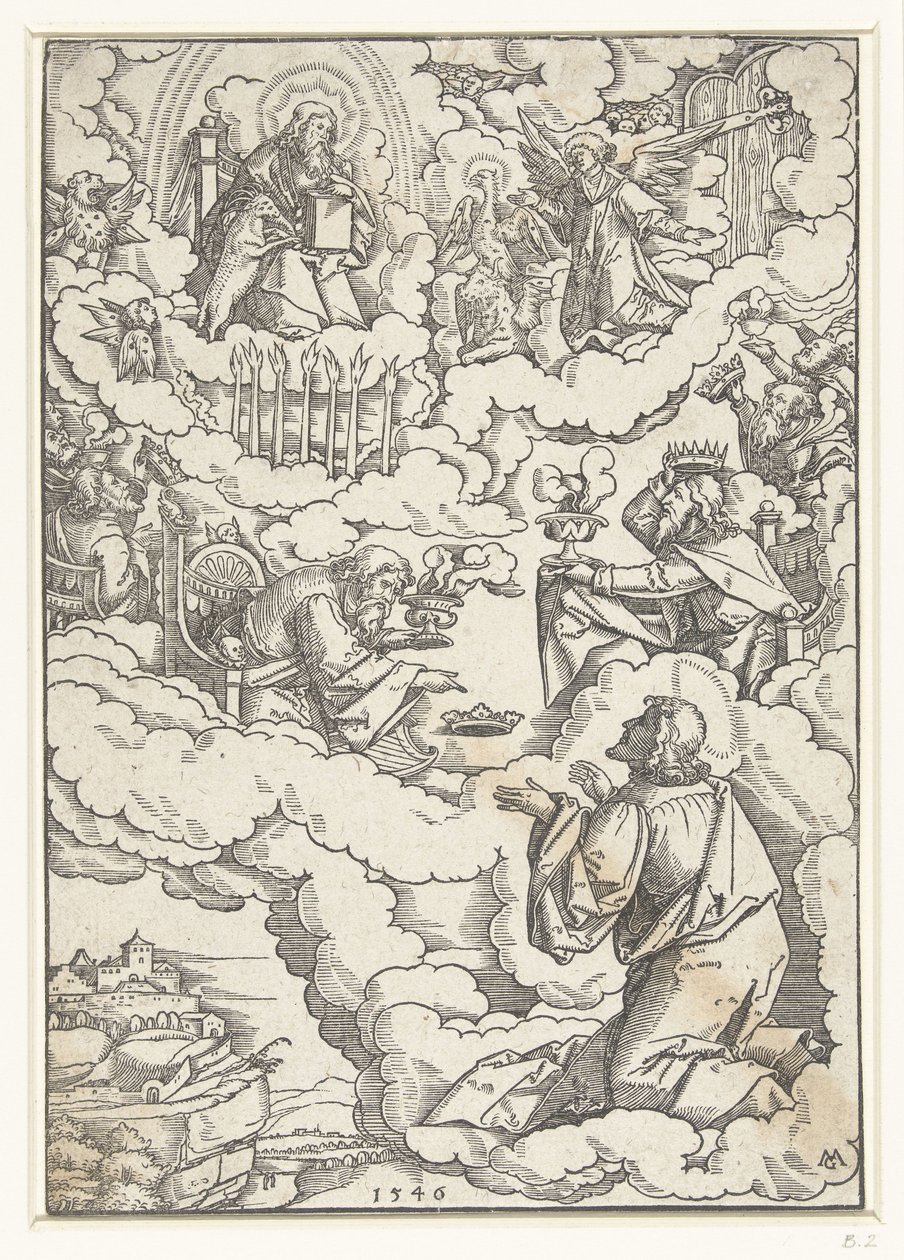 Neerlandês: Visão de João Evangelista com Deus entronizado e os vinte e quatro anciãos de Matthias Gerung