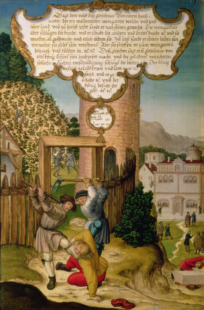 Os vinhateiros matando o herdeiro do proprietário da vinha, ilustrando o ensinamento de Cristo "A pedra que os construtores rejeitaram é a pedra principal do canto", secção do painel da asa do Altar de Mompelgarter (painel) (ver também 72465-79) de Matthias Gerung or Gerou