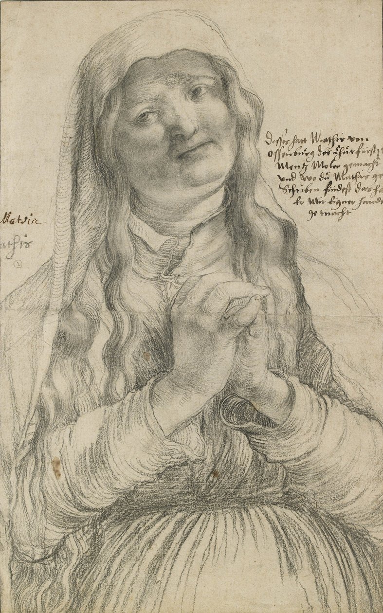 Um, mulher idosa, com, apertou mãos, c.1512, (black, chalk on paper) de Matthias Grünewald