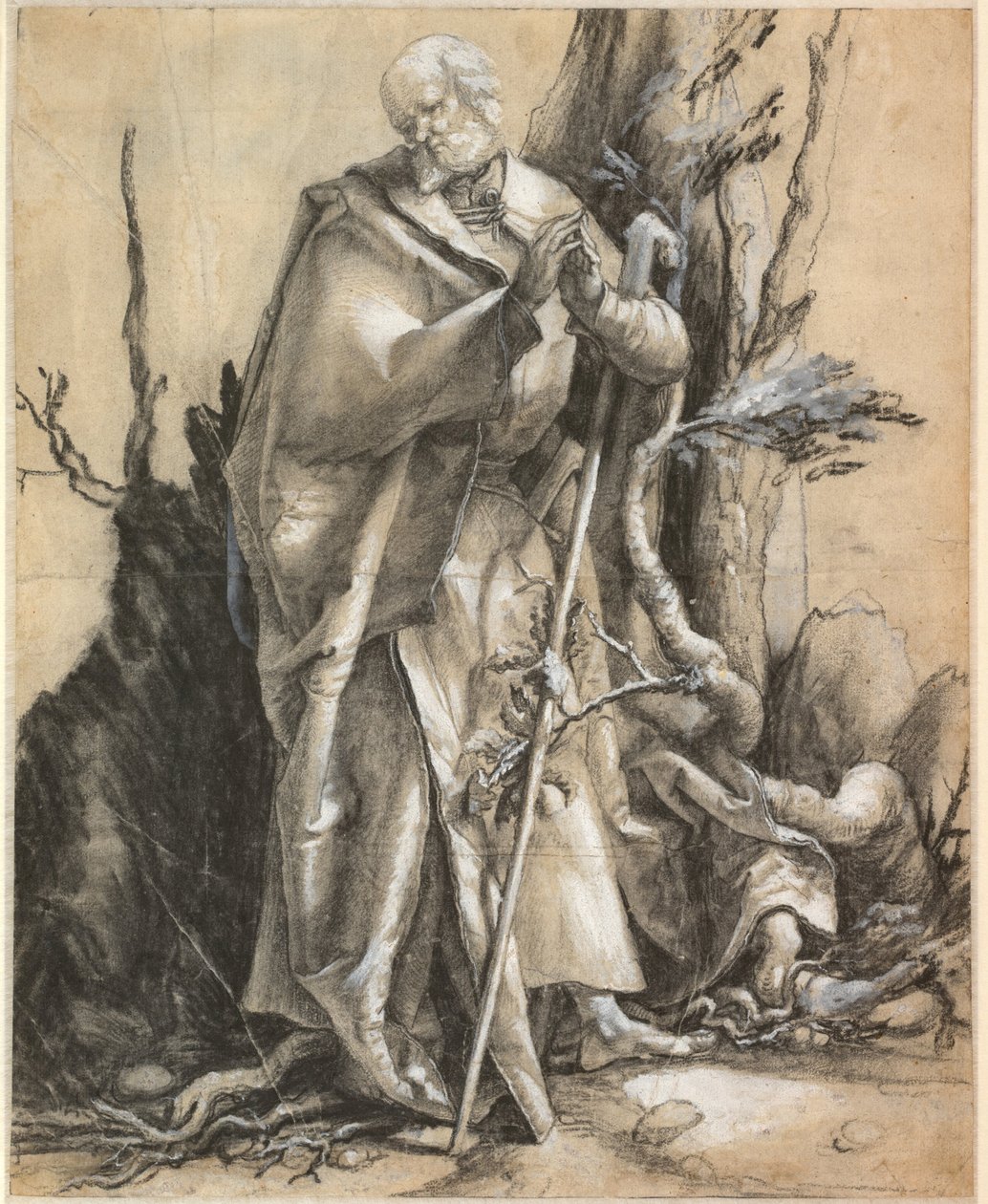 Santo barbudo com bengala, c. 1516 de Matthias Grünewald