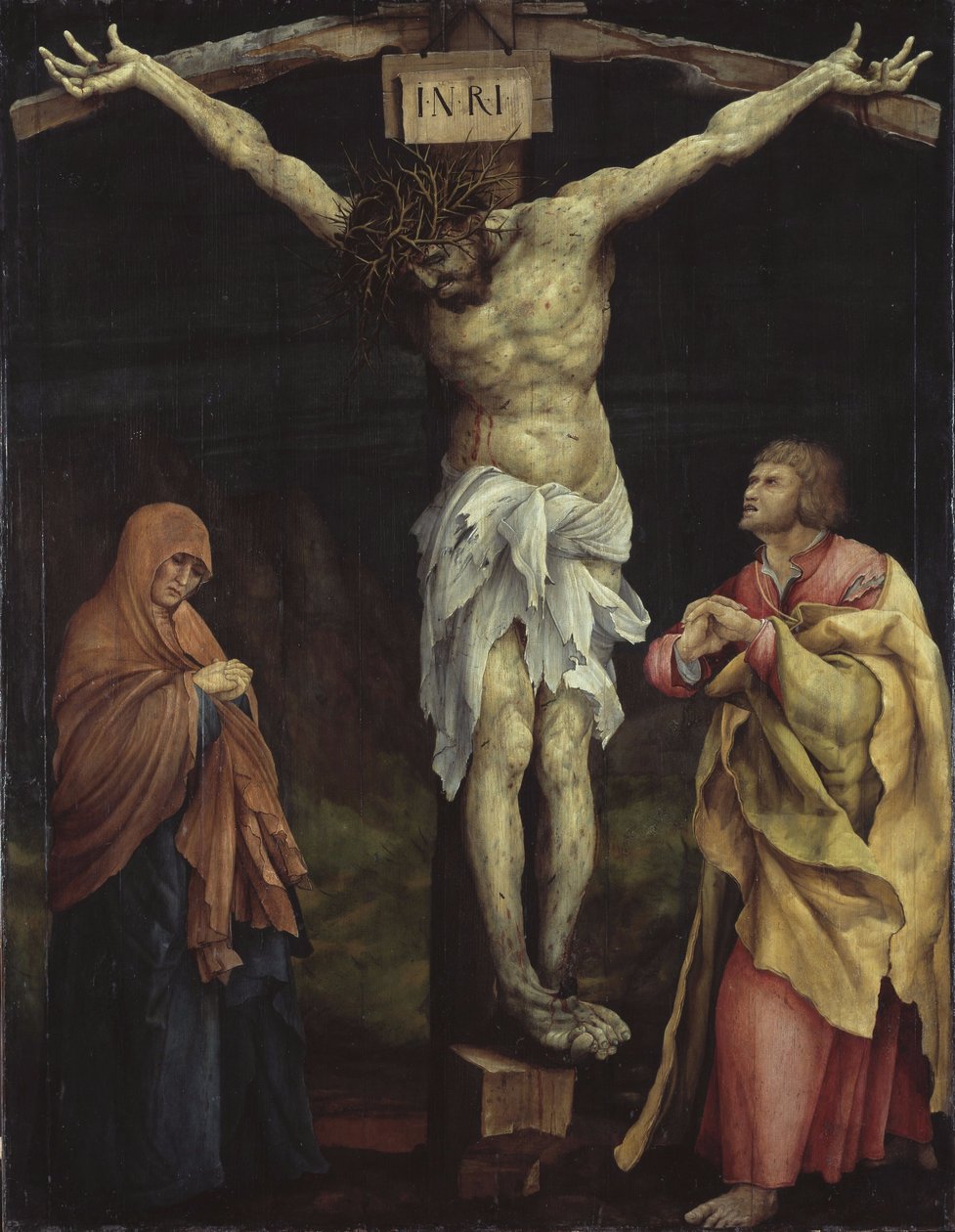 Alemão: Retábulo de Tauberbischofsheim, cena: Cristo na cruz entre Maria e João Retábulo de Tauberbischofsheim de Matthias Grünewald
