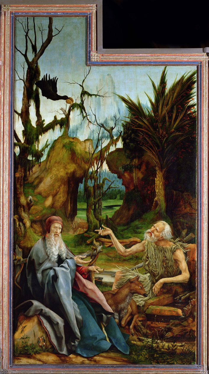 O Retábulo de Isenheim. Esquerda: Encontro de Santo Antônio e São Paulo, o Anacoreta no Des de Matthias Grünewald