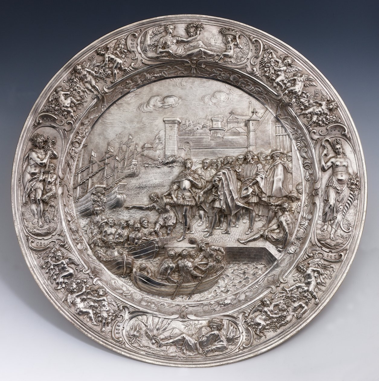 Placa de prata representando a partida de Cristóvão Colombo (prata fundida, gravada e cinzelada) de Matthias Melijn