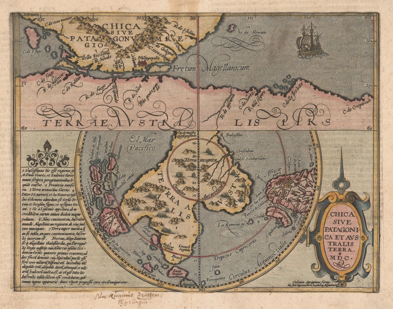 Chica sive Patagonica et Australis Terra From Geographic Handbook, 1600 de Matthias Quad