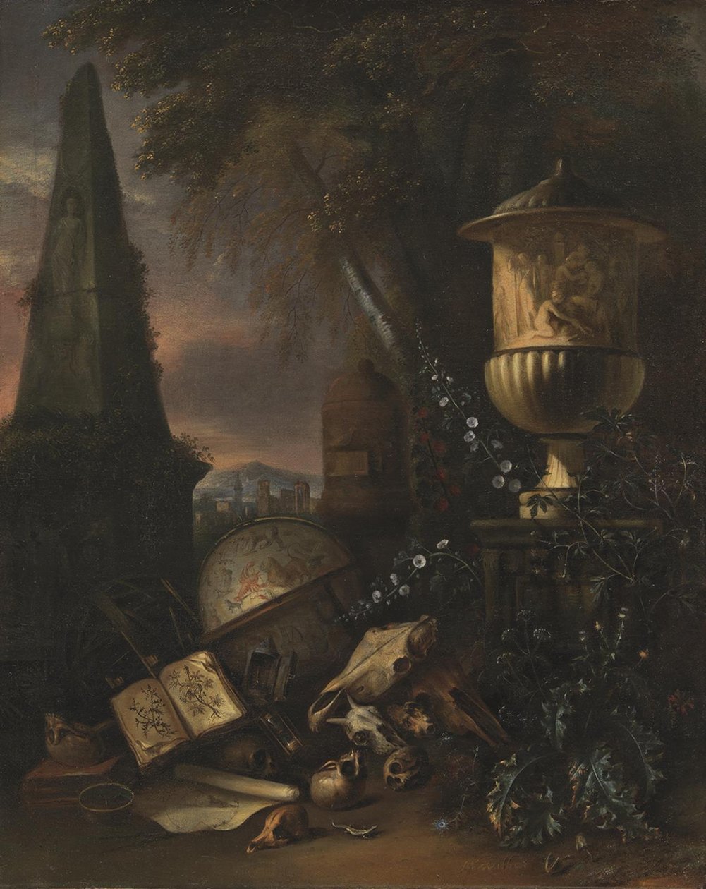 Vanitas. Natureza morta em uma paisagem de Matthias Withoos
