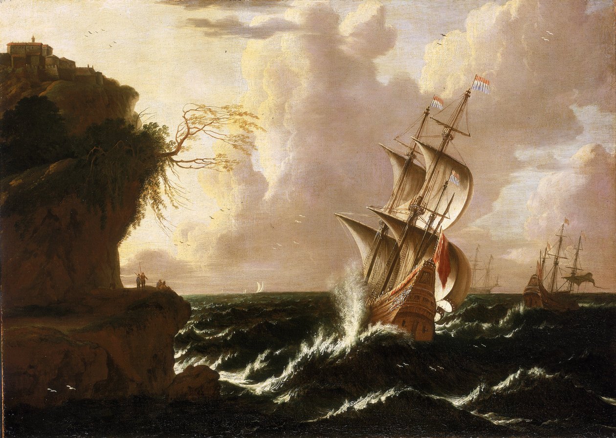 Um navio holandês na tempestade, em frente a um penhasco, encimado por edifícios fortificados. Óleo sobre tela, de Matthieu van Plattenberg (1608-1660). de Matthieu van (c.1608 60) Plattenberg