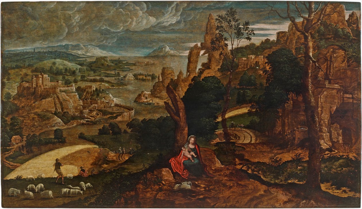 Paisagem com o descanso na fuga para o Egito, 1540-1545. de Matthijs Cock