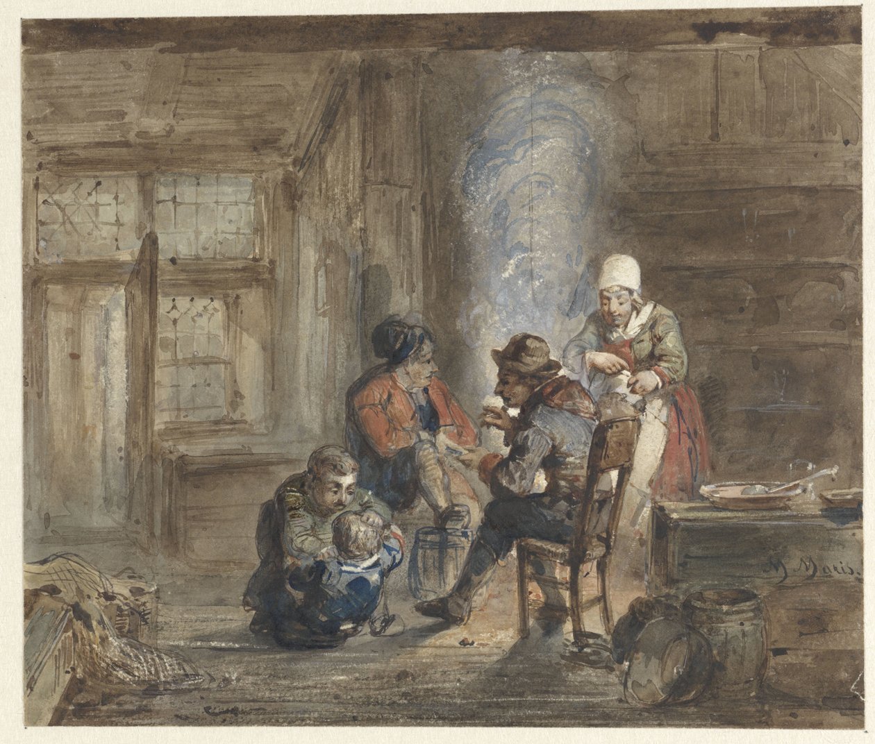 Interior com uma família ao redor de uma lareira de Matthijs Maris