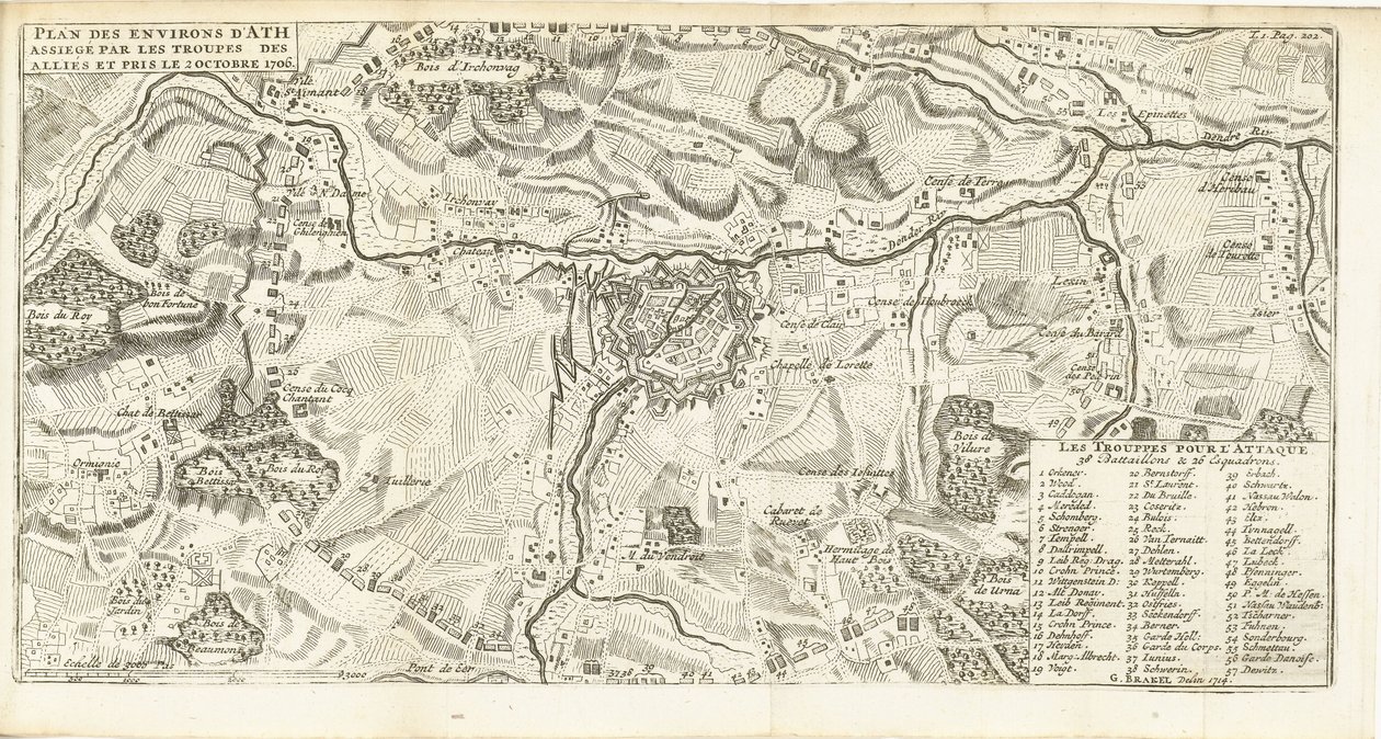 Beleg van Ath, 1706 Planta dos arredores de Ath sitiada pelas tropas dos aliados e tomada em 2 de outubro de 1706 (título no objeto) de Matthijs Pool (possibly)