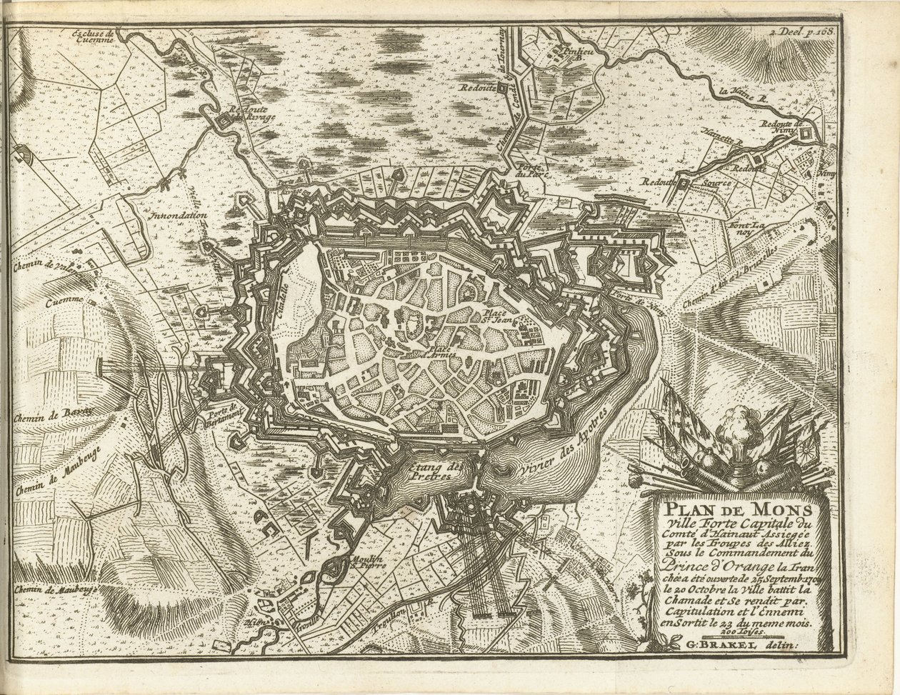 Beleg van Bergen, 1709 Mapa de Mons Ville Forte (...) Assediado pelas tropas de Alliez. sob o comando do Príncipe de Orange (...) (título no objeto) de Matthijs Pool (possibly)