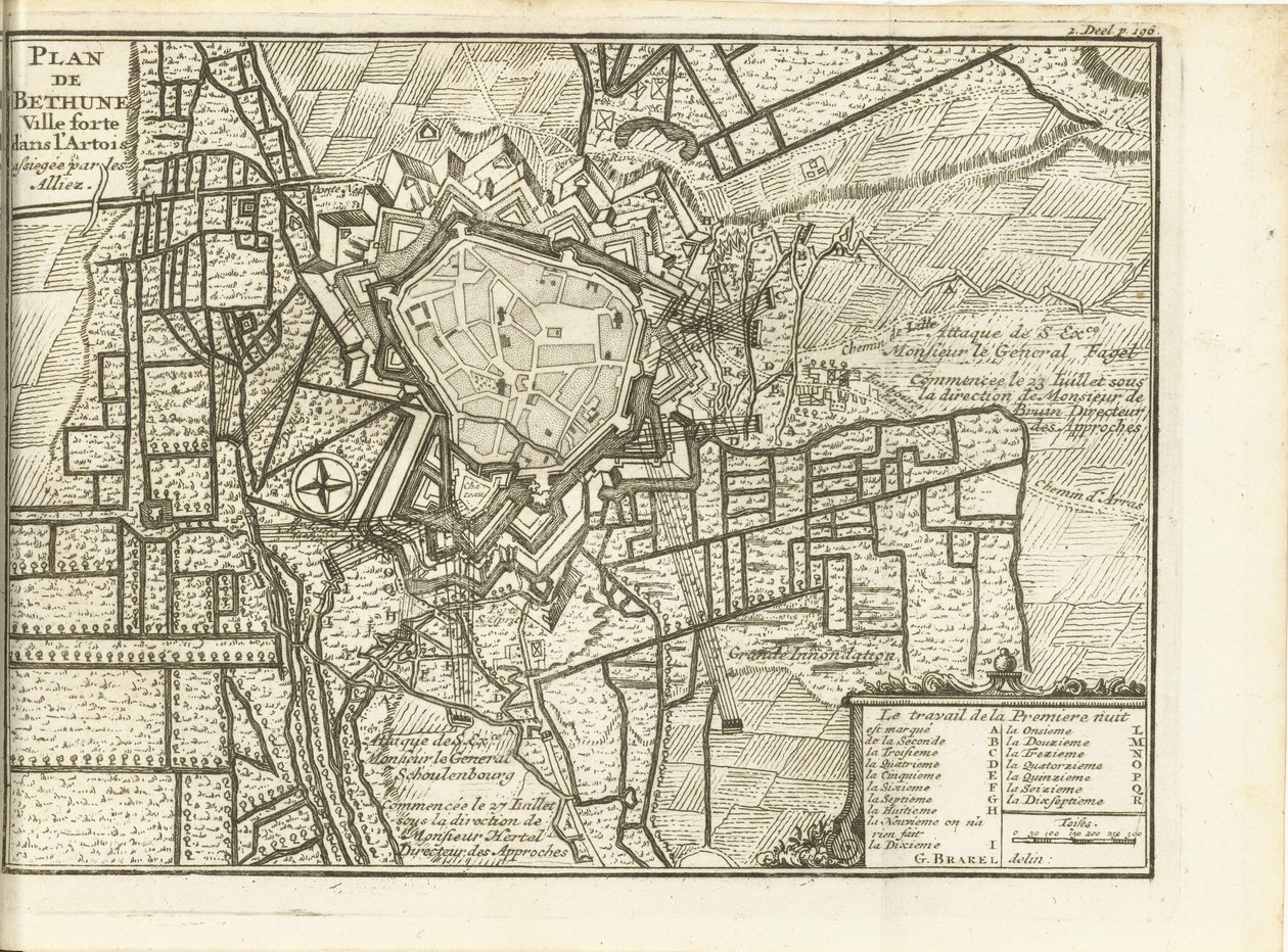 Beleg van Bethune, 1710
Plano de Bethune, uma cidade fortificada em Artois sitiada pelos Alliez (título sobre o objecto) de Matthijs Pool (possibly)