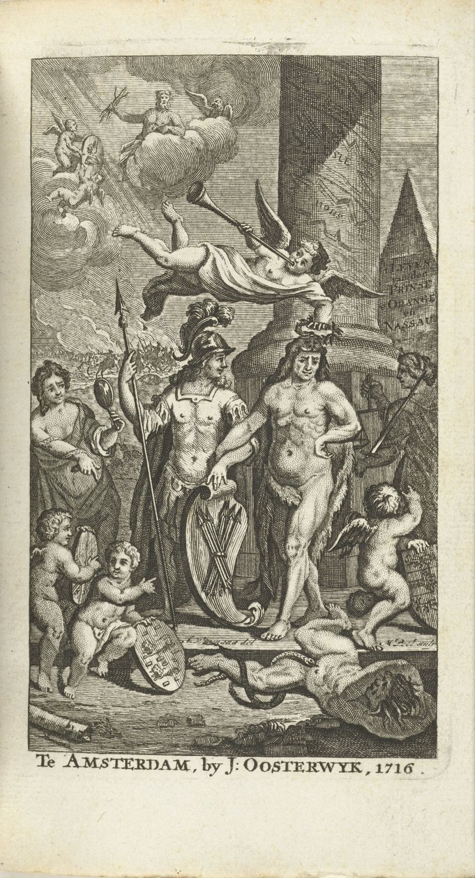 Folha de rosto gravada para J. Lamigue: A vida de Zyne Hoogheit Johan Willem Friso, 1716 de Matthijs Pool