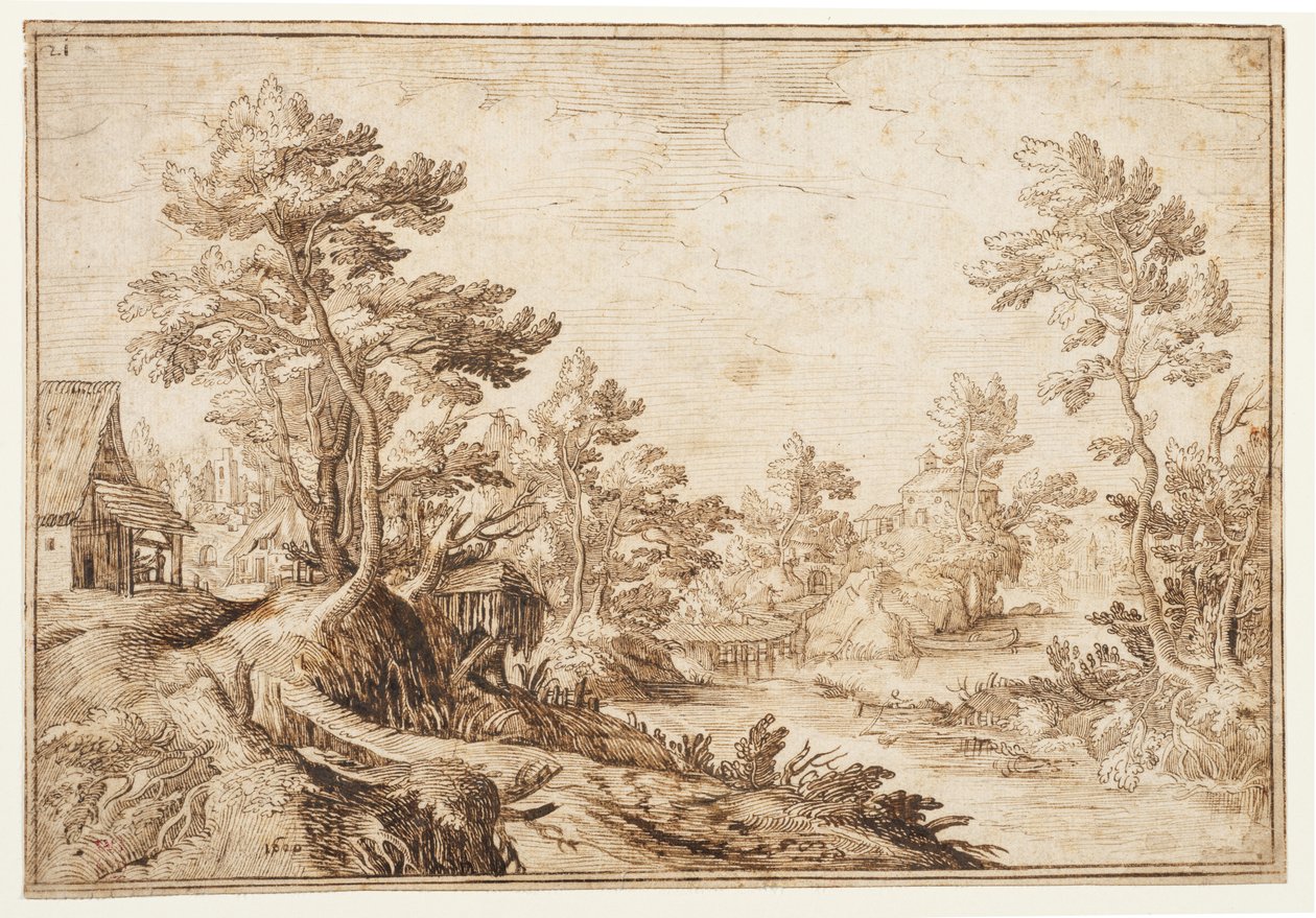 Paisagem com rio e aldeia, c.1501-1600 (giz preto, caneta e tinta castanha sobre papel vegetal) de Matthijs the younger (after) Bril