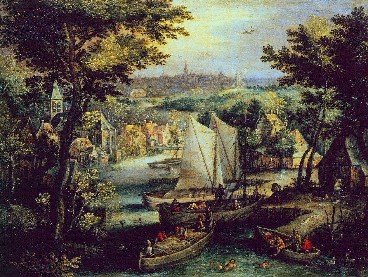 Paisagem fluvial, de Mathys Bril Younger (1550-1583), óleo sobre cobre de Matthijs the younger Bril