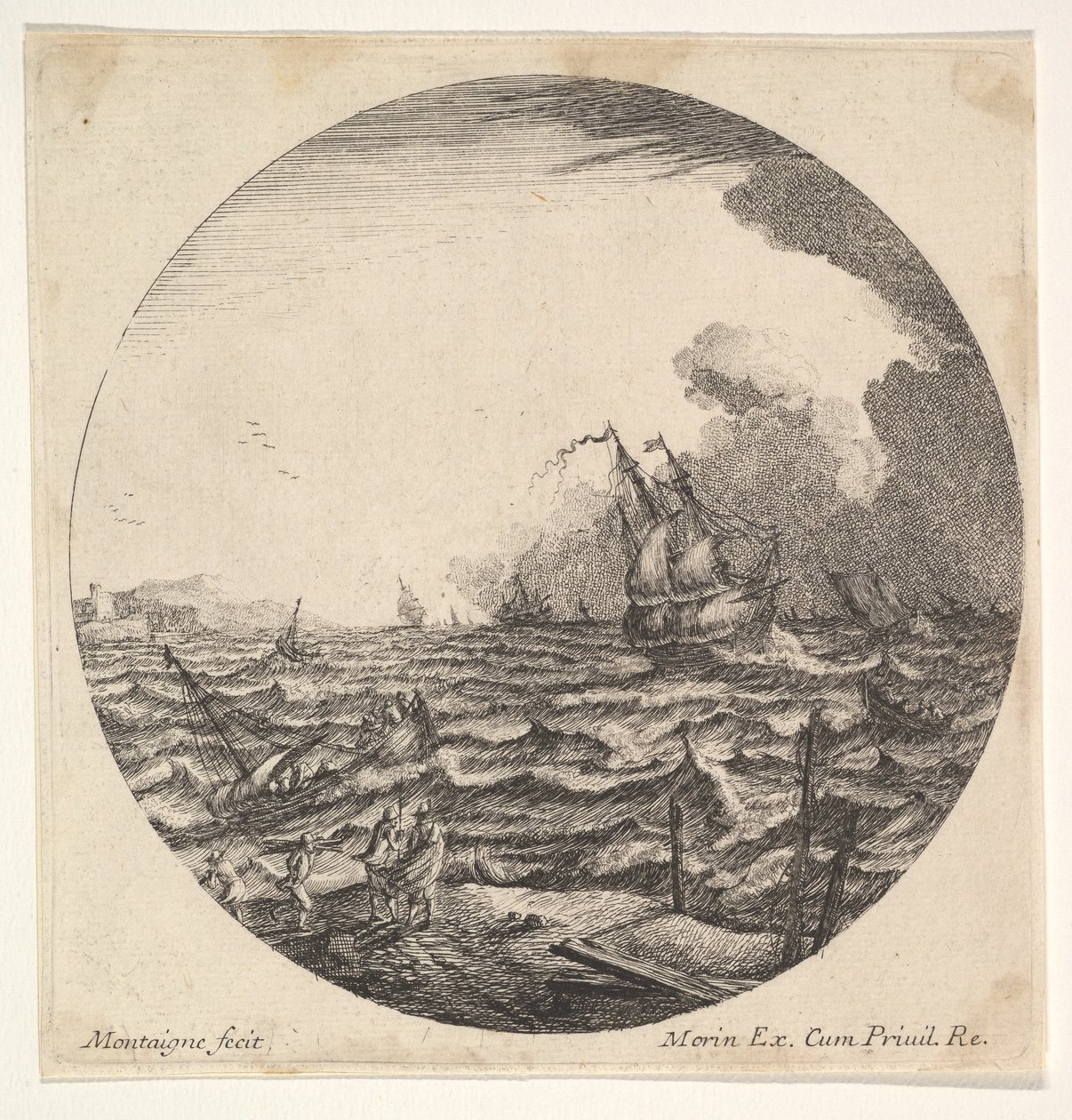 Tempestade em uma composição redonda, em ondas à esquerda joga um pequeno navio ocupado por sete..., ca. 1625-60. de Matthijs van Plattenberg