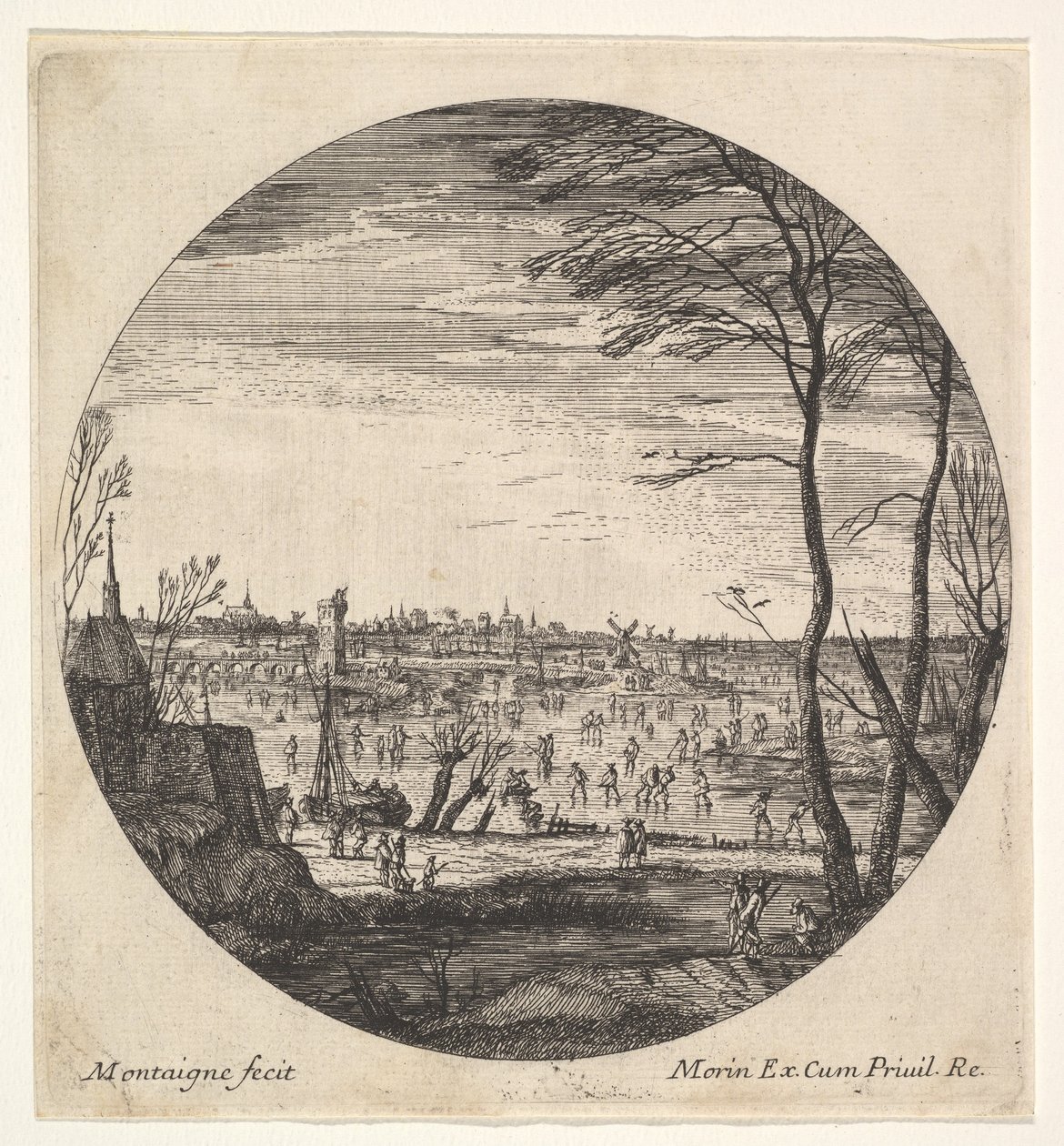 Paisagem de inverno com figuras patinando em um corpo de água congelada em um composto redondo..., ca. 1625-60. de Matthijs van Plattenberg