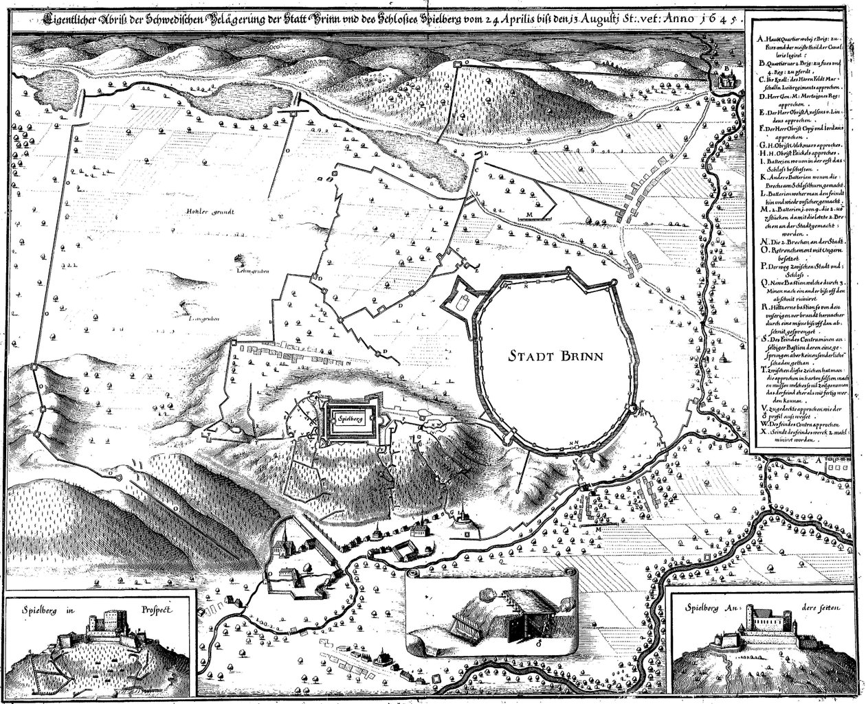 Plano da cidade de Brno em 1645, ou seja, durante o cerco dos suecos, por Merian de Matthaus Merian