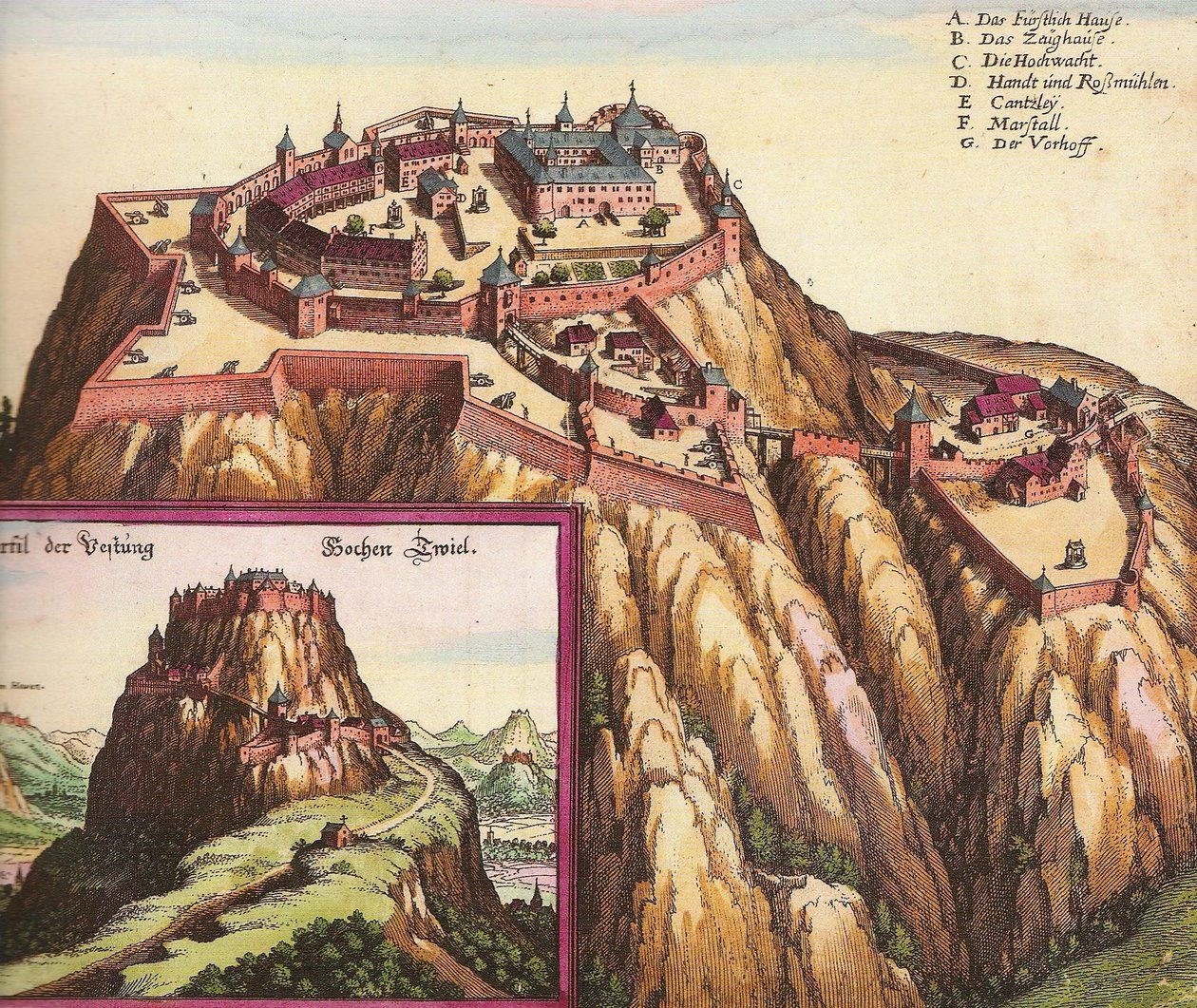 Castelo Hohentwiel em Alemanha do sul, perto do lago Constance. de Matthaus the Elder Merian