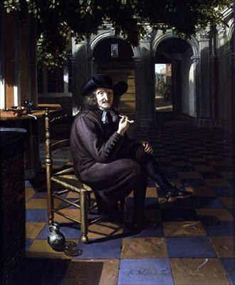 Cavalheiro fumando em um pátio sombreado, 1690 de Matthys Naiveu