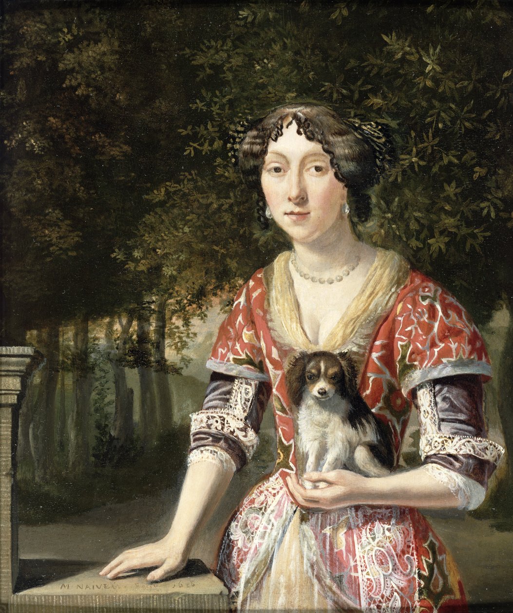 Retrato de uma senhora usando um vestido vermelho e branco de Matthys Naiveu