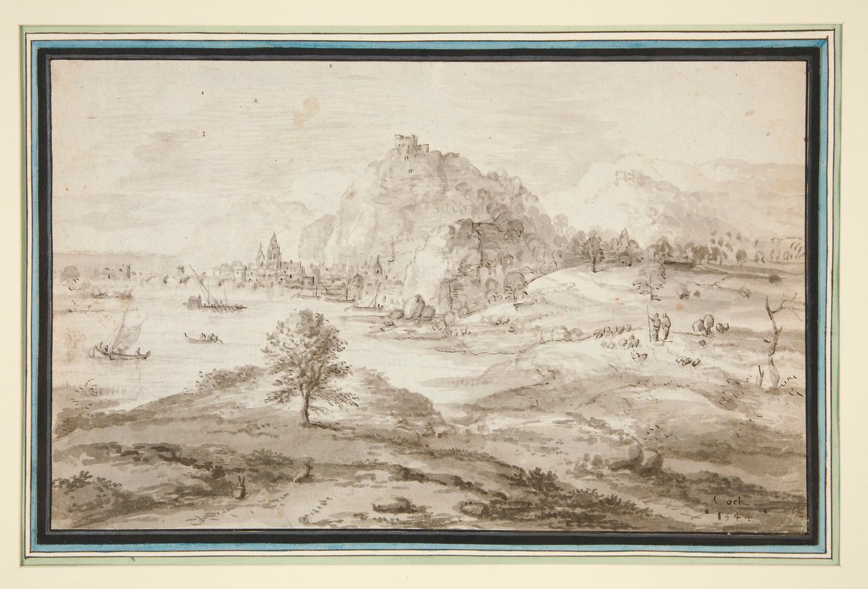 Paisagem montanhosa com porto e cidade de Matthys Cock