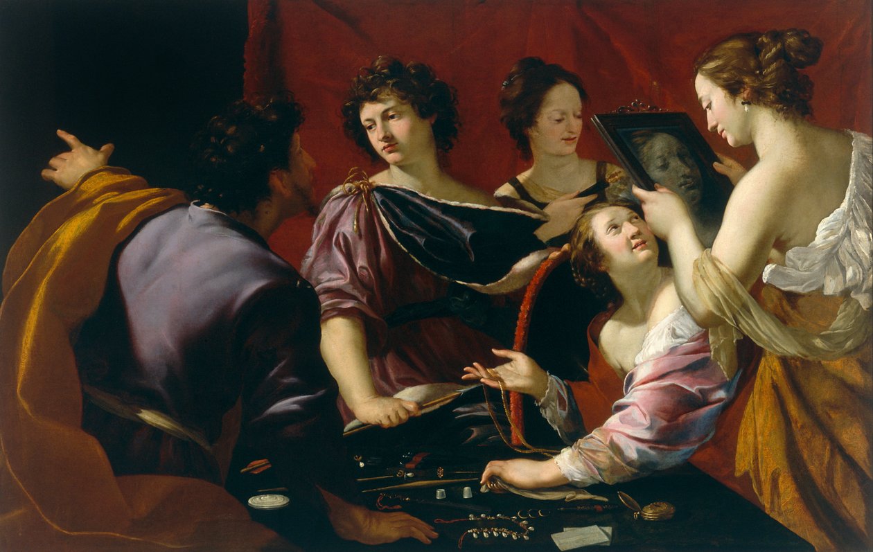 Tasso na corte de Ferrara (ou Alegoria dos Cinco Sentidos), detalhe da alegoria da visão, c.1630-90 de Mattia Preti