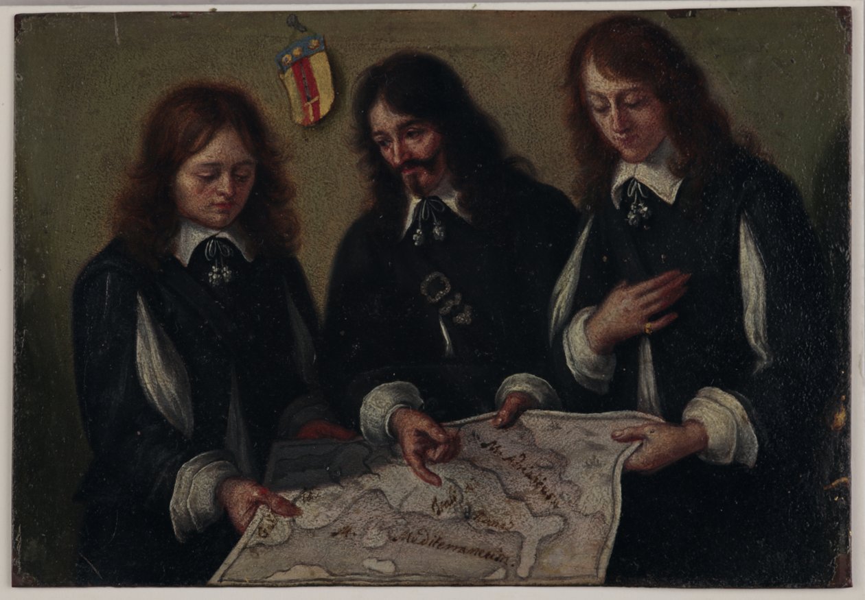 Retrato do reitor John Bargrave, do seu sobrinho Alexander Chapman e do amigo John Raymond a consultar um mapa de Itália de Mattio Bolognini