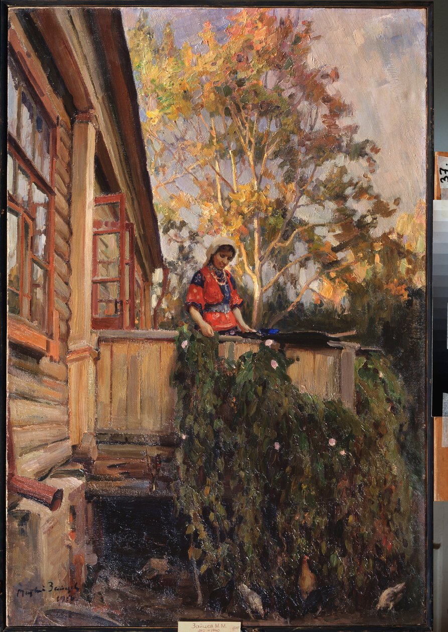 Na Varanda - Pintura de Matvei Markovich Zaytsev (1880-1940), óleo sobre tela de Matvei Markovich Zaytsev