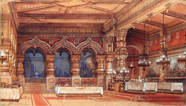 Stage Design para The Water Nymph por Dargomyzhsky, 1888 (caneta, pincel, guache e ouro em papelão) de Matvey Andreyevich Shishkov