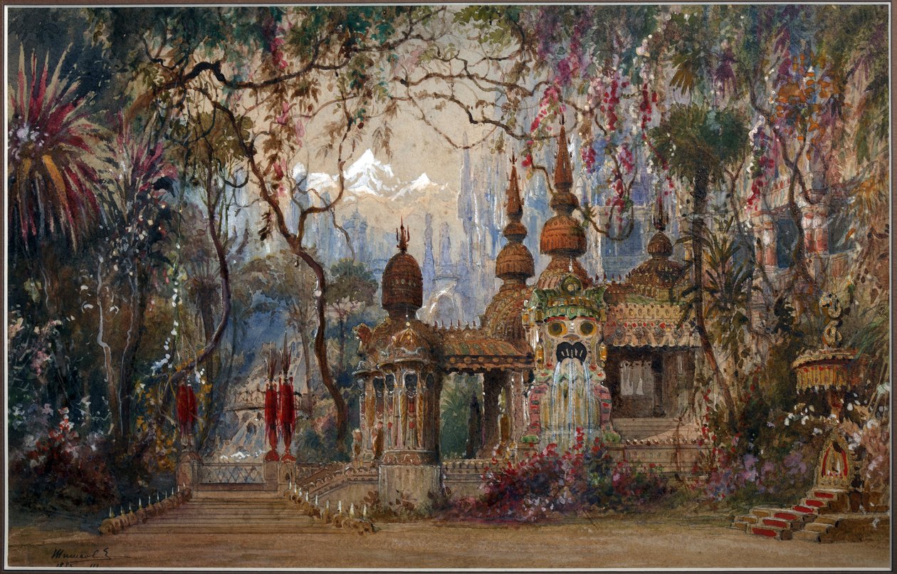 Projeto de palco para a ópera Ruslan e Lyudmila de M. Glinka par Shishkov, Matvei Andreyevich (1832-1897). Caneta, pincel, aguarela, tinta e cor branca sobre papel de Matvey Andreyevich Shishkov