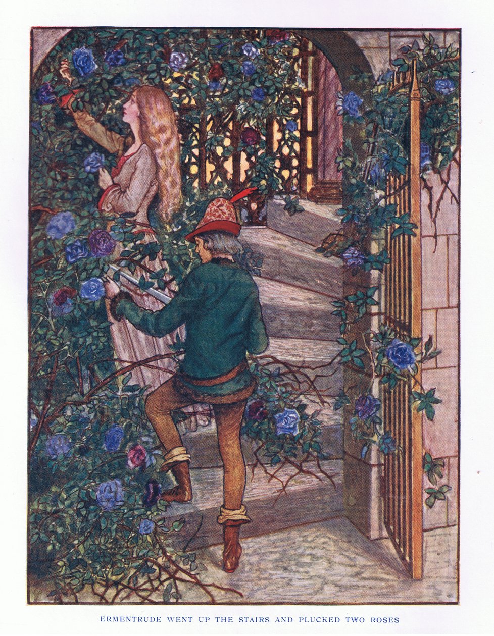 Ermentrude subiu as escadas e arrancou as rosas, ilustração deLady Anns Fairy Tales, 1914 de Maud Tindal Atkinson