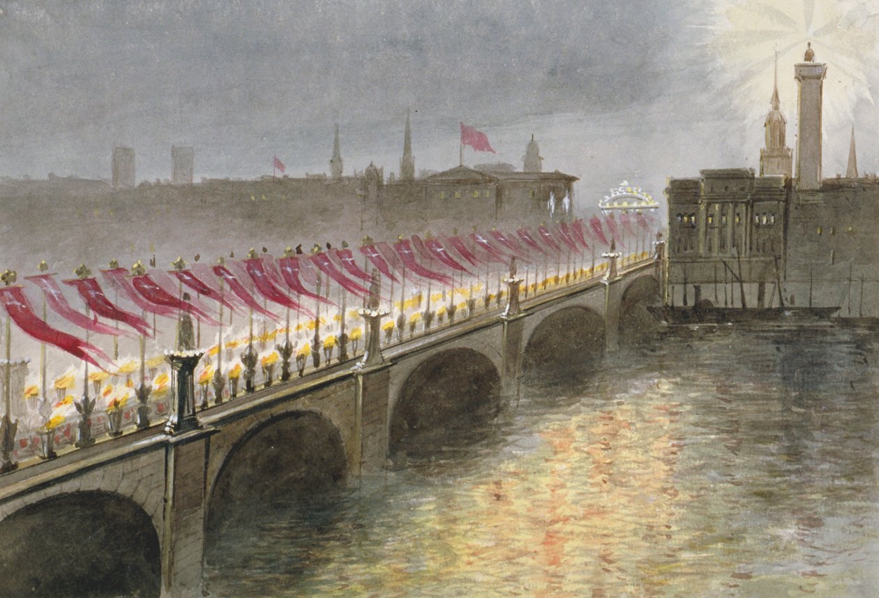 Vista da Ponte de Londres na noite da chegada da Princesa Alexandra da Dinamarca, 1863 de Maul