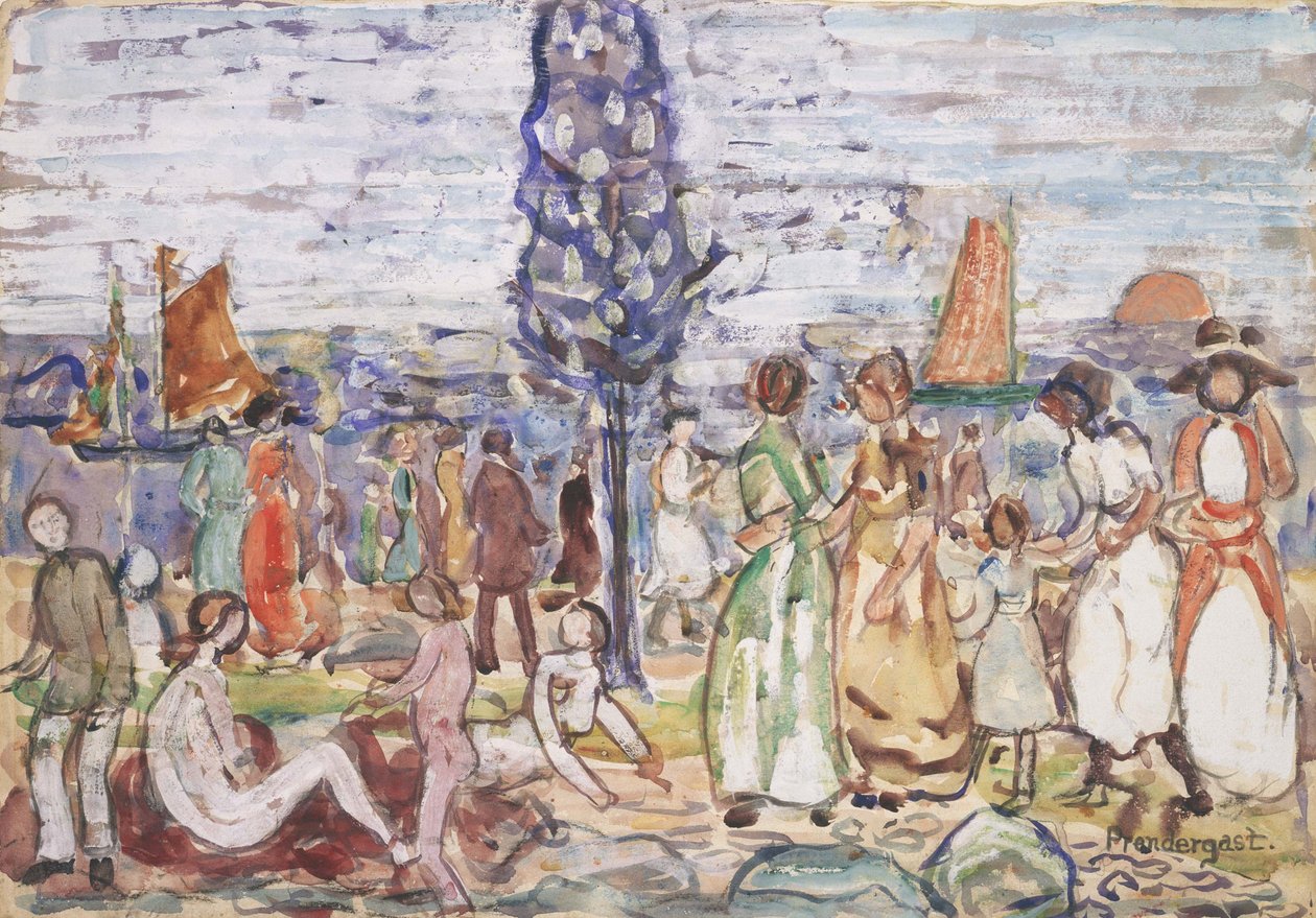 Praia com árvore azul de Maurice Brazil Prendergast