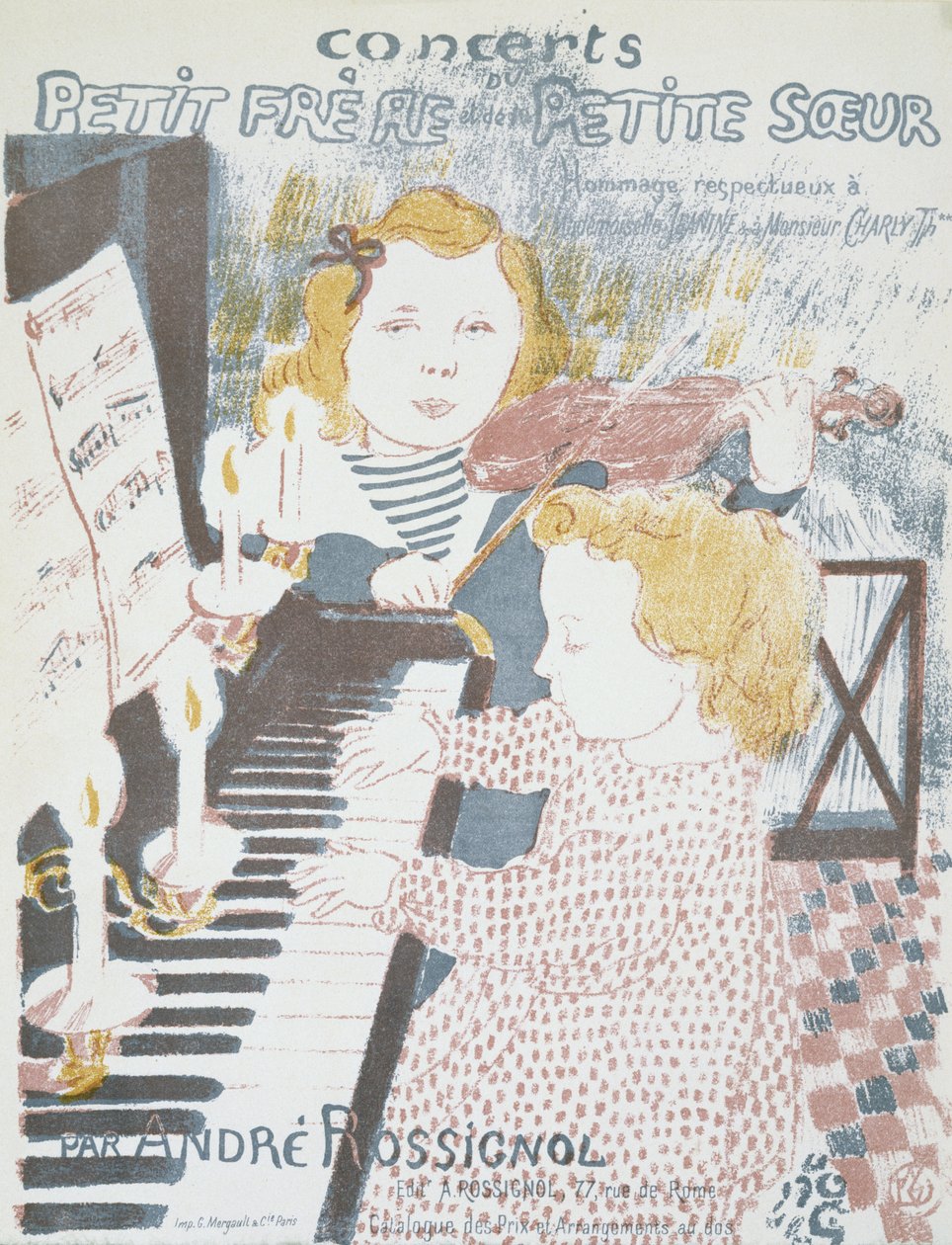Concertos para o irmão mais novo e a irmãzinha (Capa de partituras para André Rossignols Concerto para um jovem irmão e irmã), 1903 (litografia em cores) de Maurice Denis