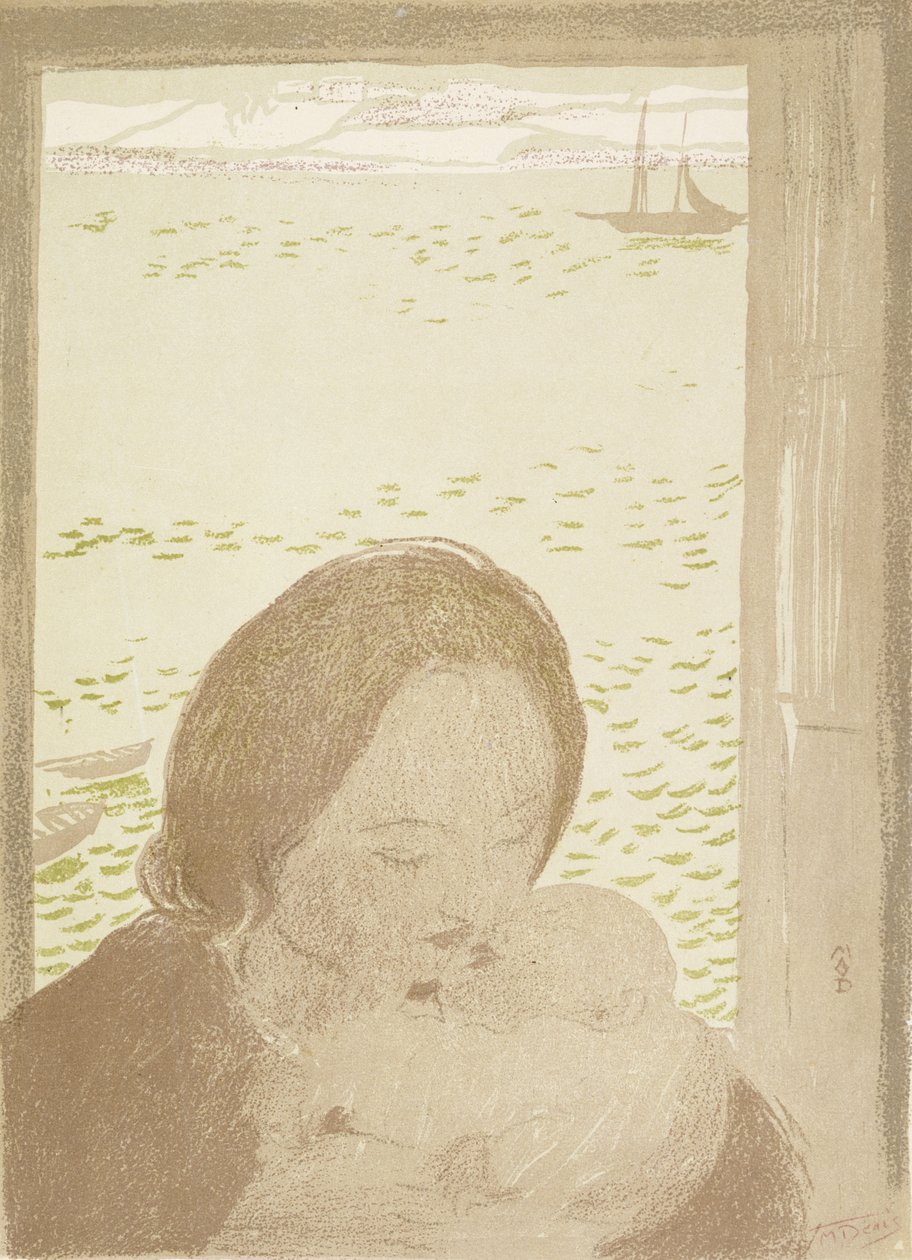 Mãe e filho à beira-mar em Pouldu, 1900 (cor lito em papel de palha) de Maurice Denis
