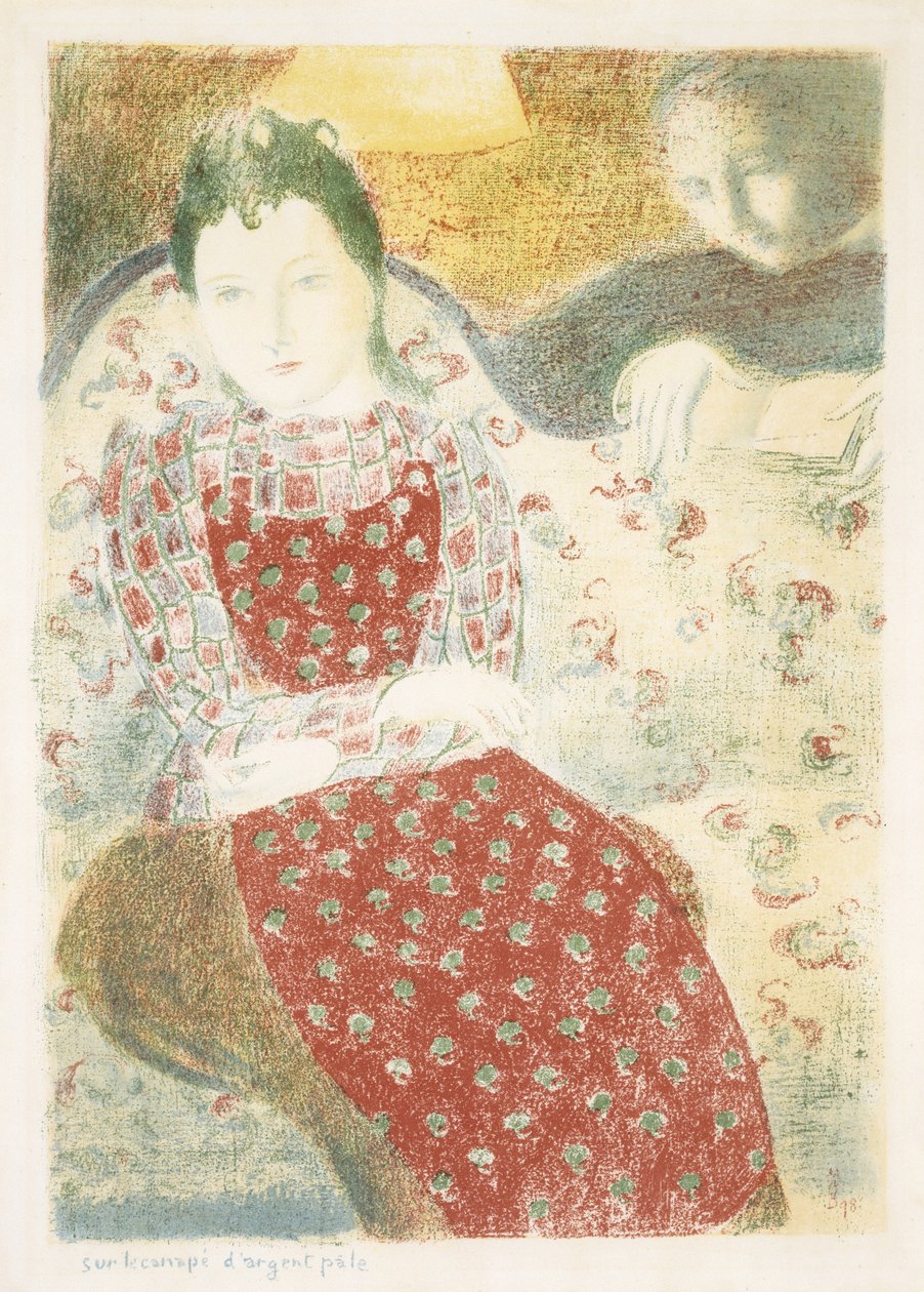 Sur le Canape dargent Pale (No pálido sofá de prata), 1898 (litografia em cores em papel de capa) de Maurice Denis