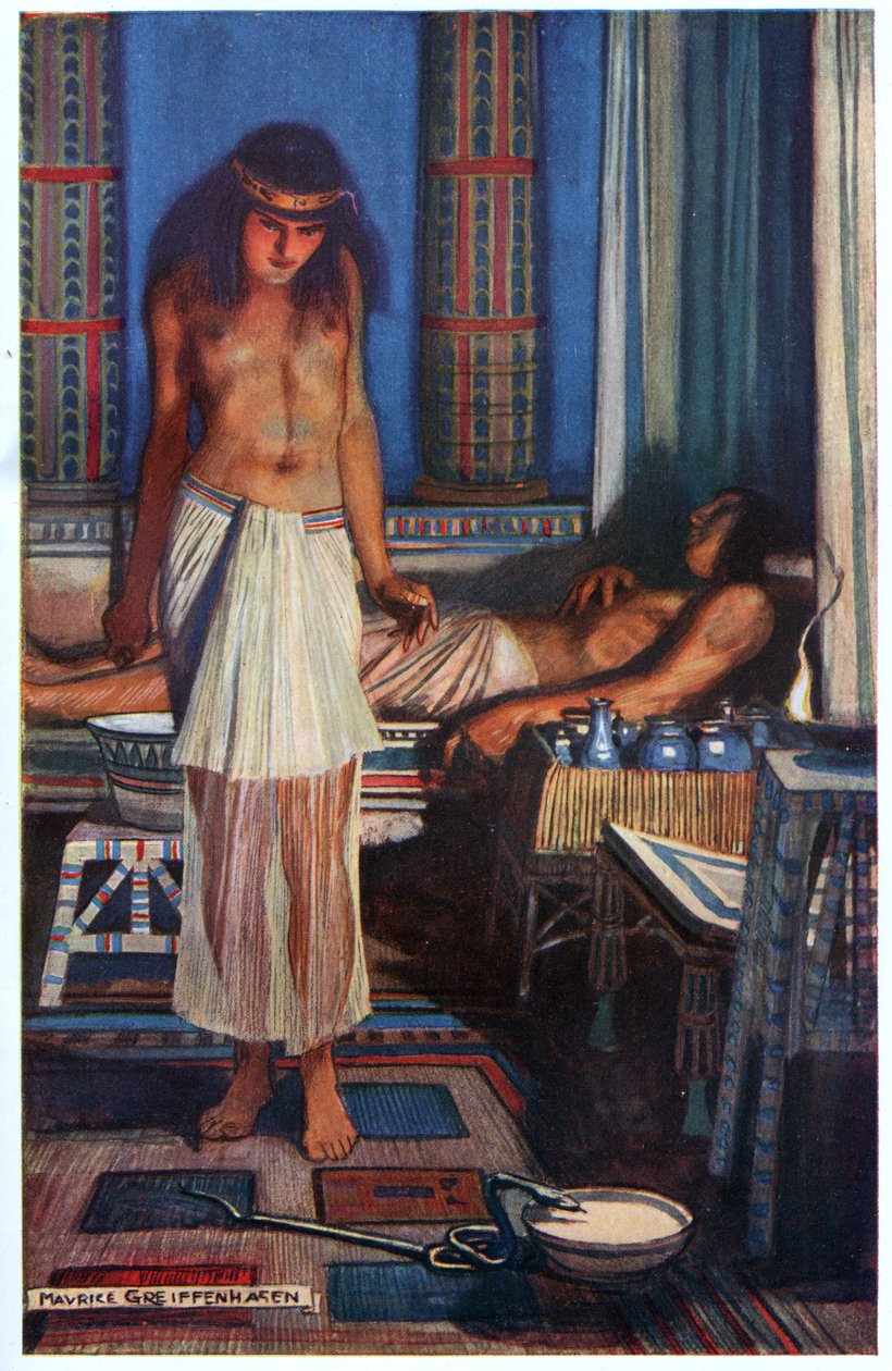 Luring the Doom Serpent, ilustração de "Egyptian Myth and Legend", publicado pela Gresham Publishing, Co. de Maurice Greiffenhagen