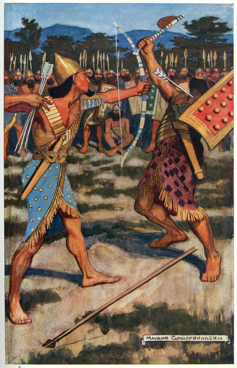 Senuhet Slays the Warrior of Tonu, ilustração de "Egyptian Myth and Legend", publicado pela Gresham Publishing, Co. de Maurice Greiffenhagen