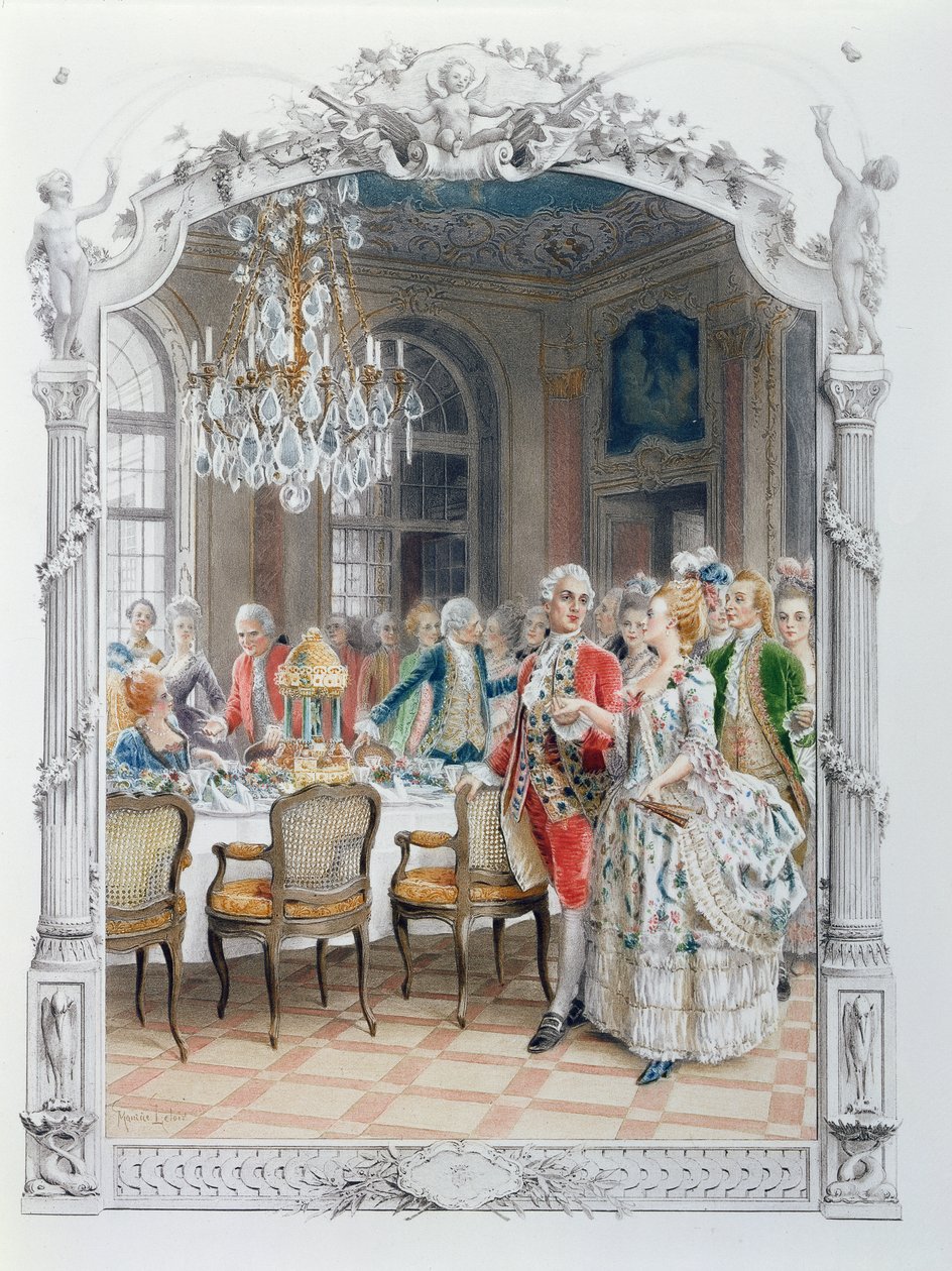 Refeição elegante durante o século XVIII, ilustração de &39;Uma mulher de qualidade no século passado&39;, c.1885 de Maurice Leloir
