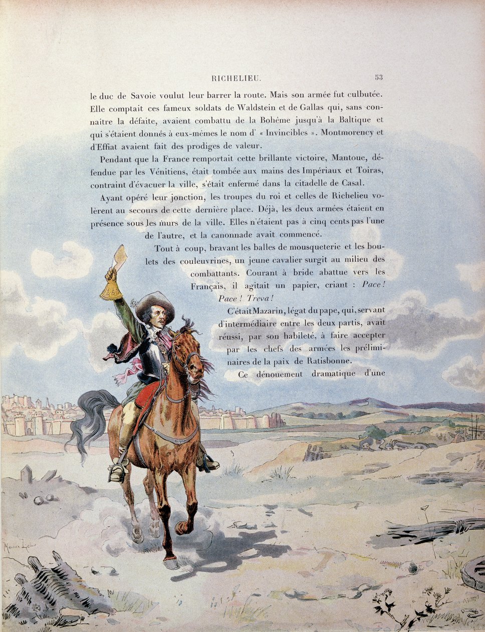 Momento de intervenção do legado papal Giulio Mazarini (1602-1661) entre as tropas espanholas e papais confrontando o exército francês no cerco de Casal, norte da Itália, ilustração da vida de Maurice Leloir