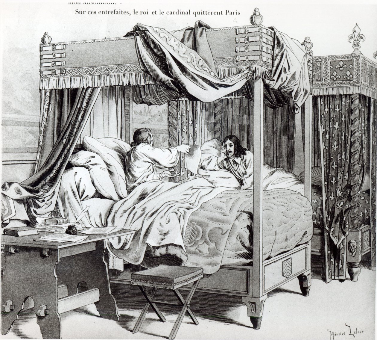 Richelieu (1585-1642) revelando a Louis XIII (1610-43) a conspiração de Cinq-Mars em 1642, de &39;Richelieu&39; por Theodore Cahu, publicado por Boivin em 1910, de Maurice Leloir