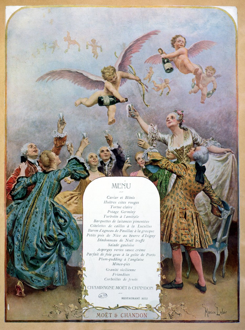 Menu do restaurante Ritz, representando um grupo de elegantes homens e mulheres do século XVIII bebendo champanhe servido por querubins, 1910 de Maurice Leloir