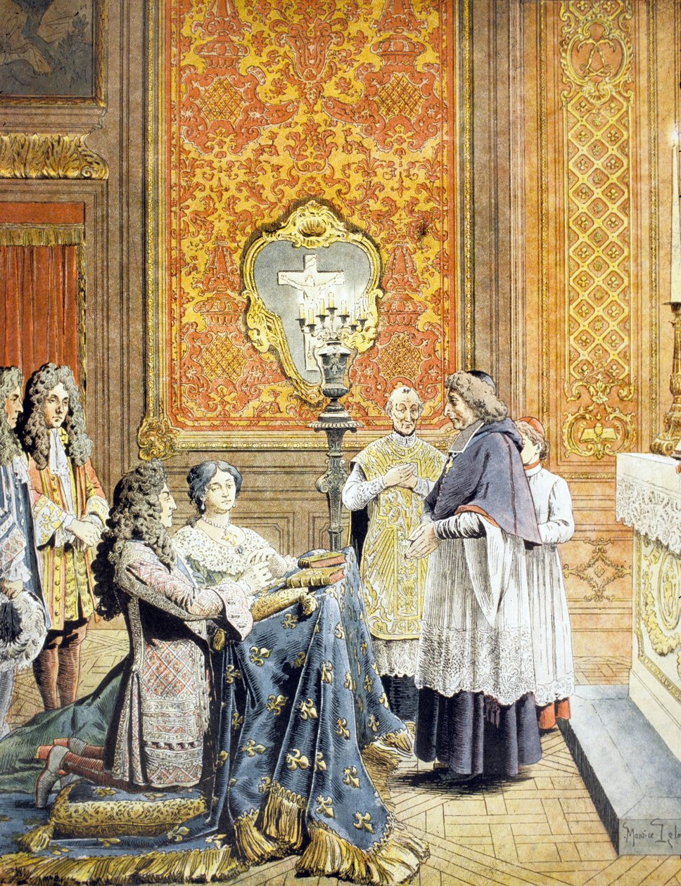 Casamento secreto entre o rei Luís XIV e Françoise d&39;Aubigne, Madame de Maintenon, de 9 a 10 de outubro de 1683, pelo arcebispo de Paris François Harlay de Champvallon e Pere Lachaise, na presença de monsenhor de Maurice Leloir