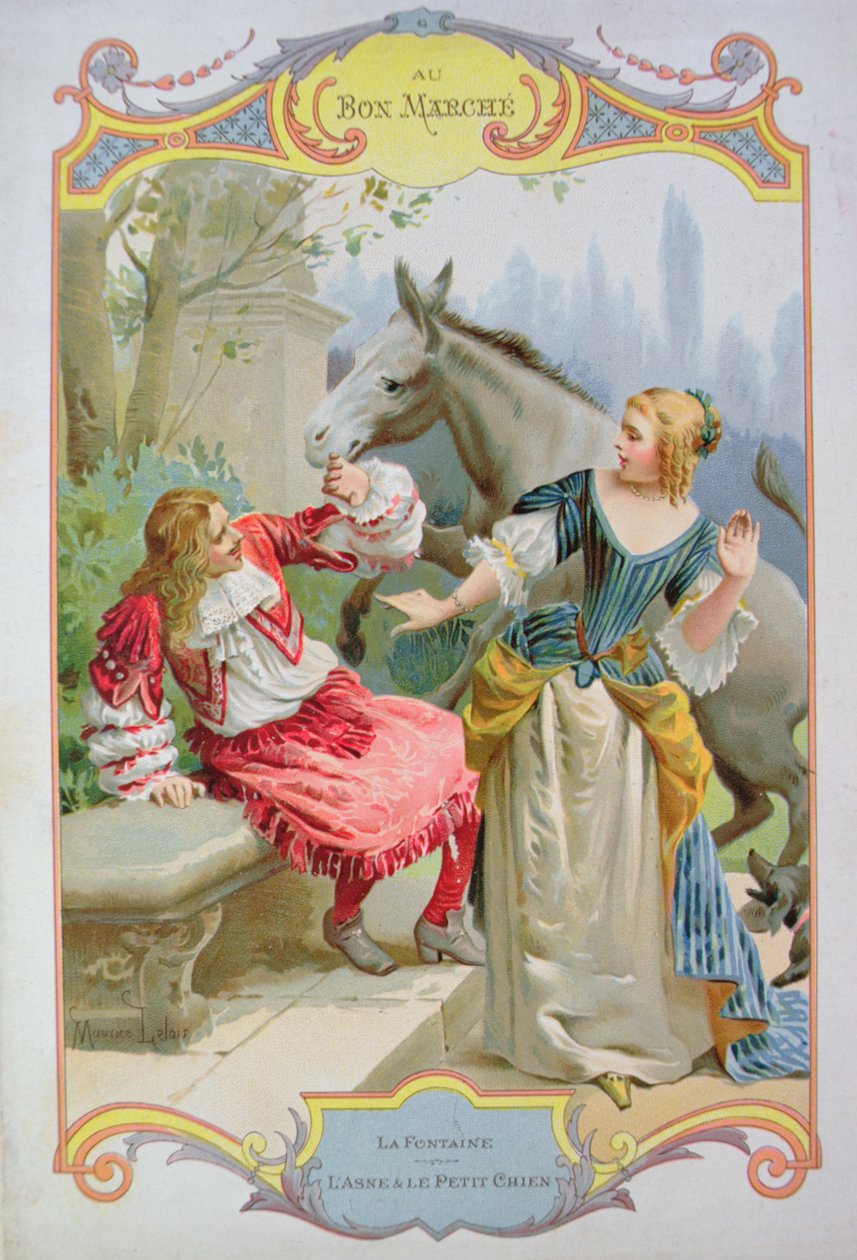 O burro e o cão pequeno, das fábulas por Jean de La Fontaine (1621-95), anunciando para a loja de departamento de Au Bon Marche de Maurice Leloir