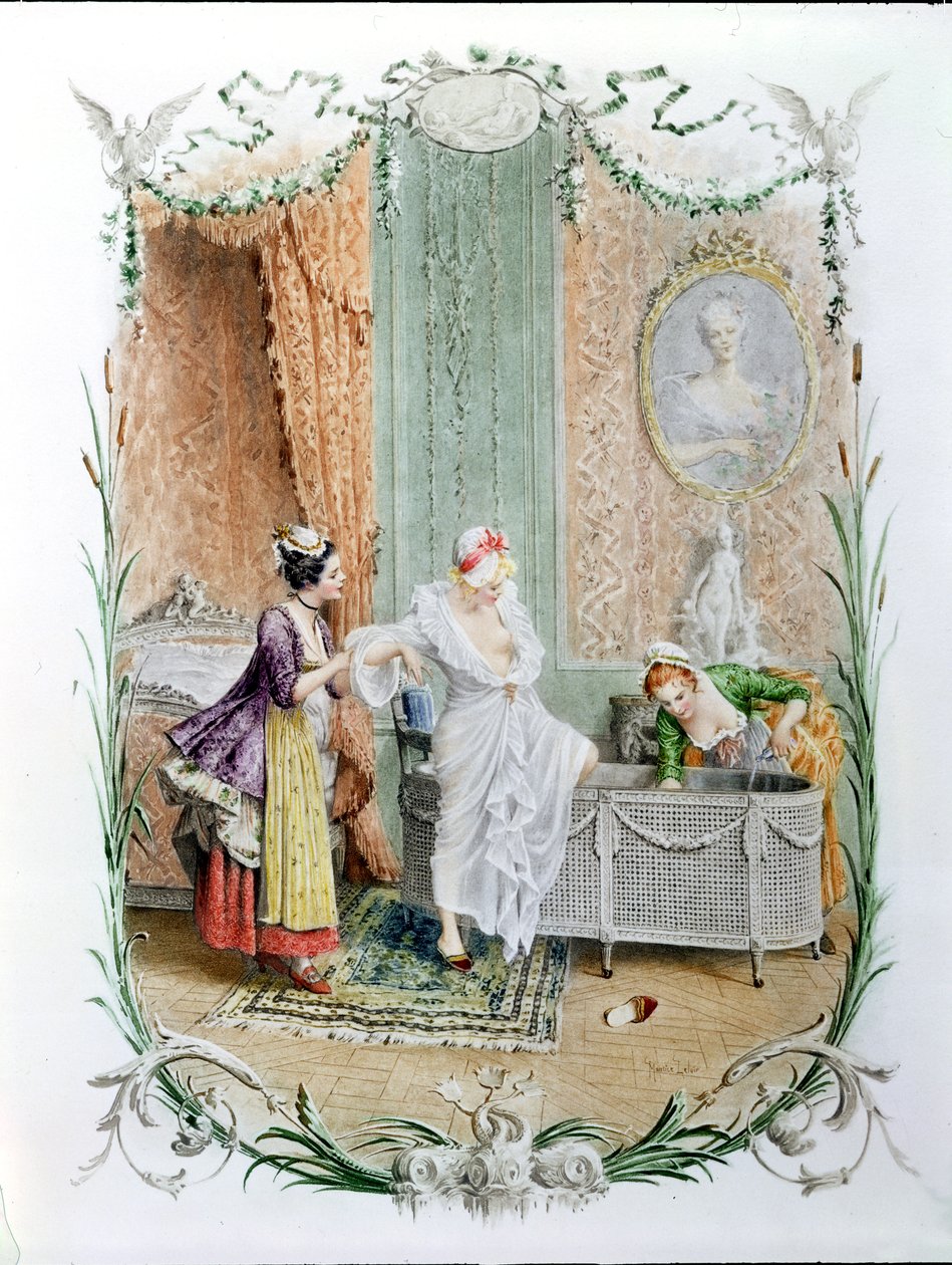 The Morning Bath, ilustração da elegante vida parisiense na segunda metade do século XVIII, c.1890 de Maurice Leloir