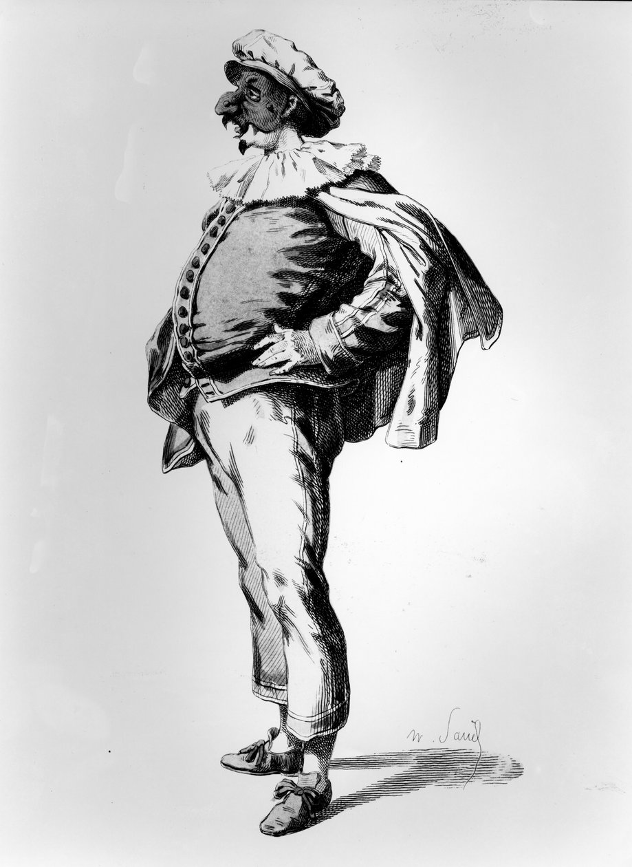 Polichinelle, retratado no figurino de 1685, 1860 de Maurice Sand