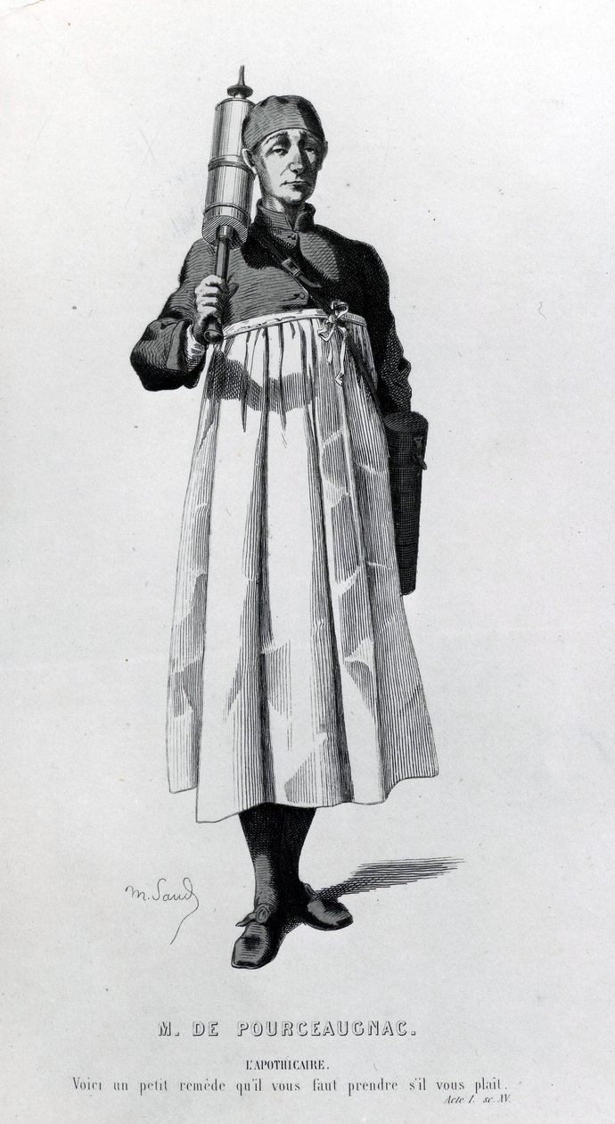 O Boticário vem com uma seringa para Monsieur de Pourceaugnac, tirada de &39;Oeuvres completes de Molière&39;, 1669 de Maurice Sand