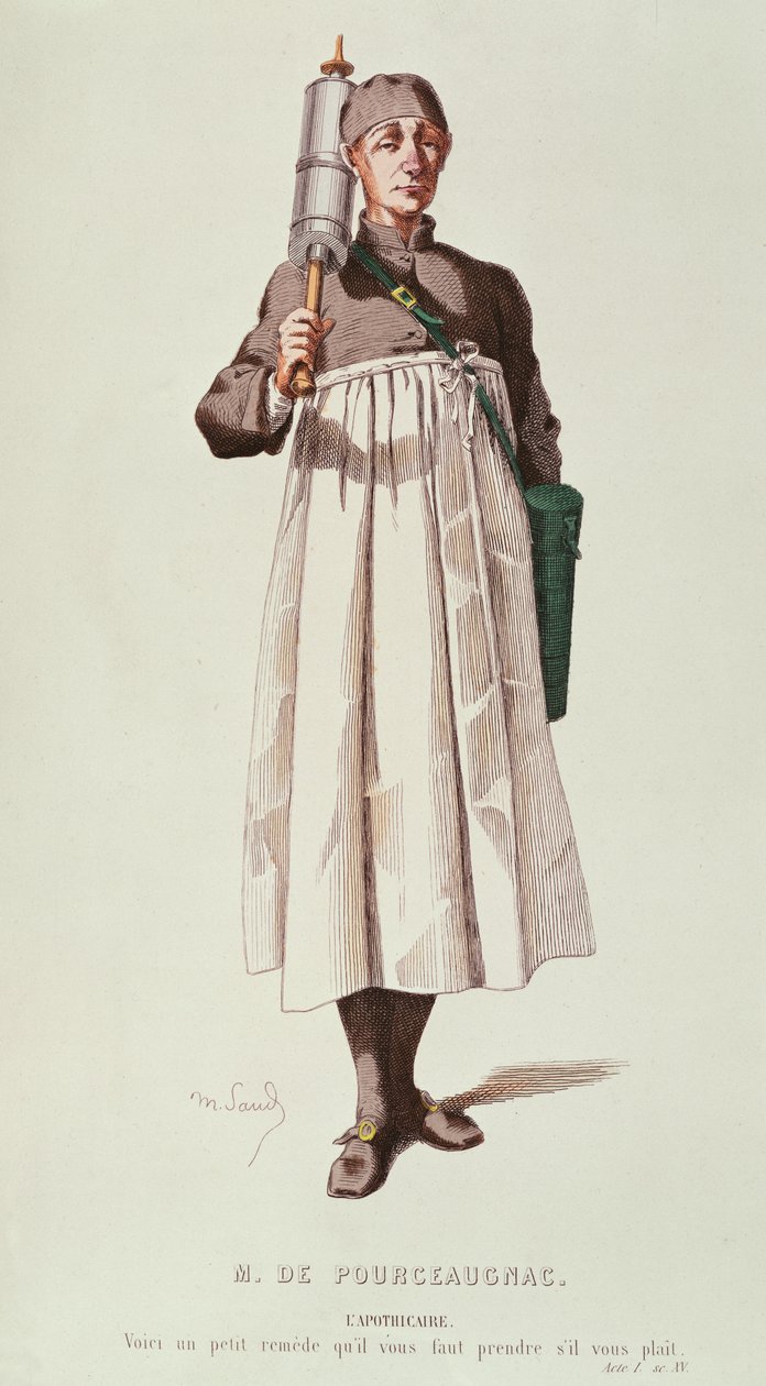O Boticário vem com uma seringa para Monsieur de Pourceaugnac, de &39;Oeuvres Completes de Molière, 1669 (gravura colorida) de Maurice Sand