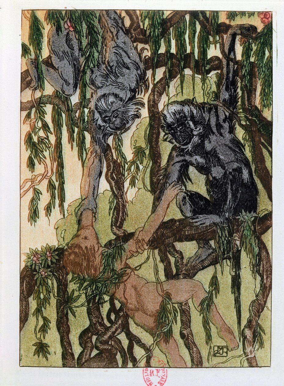 Mogli e os Macacos, ilustração de "O Livro da Selva" Por Rudyard Kipling (1865-1936) publicado em Paris, 1930 de Maurice de Becque